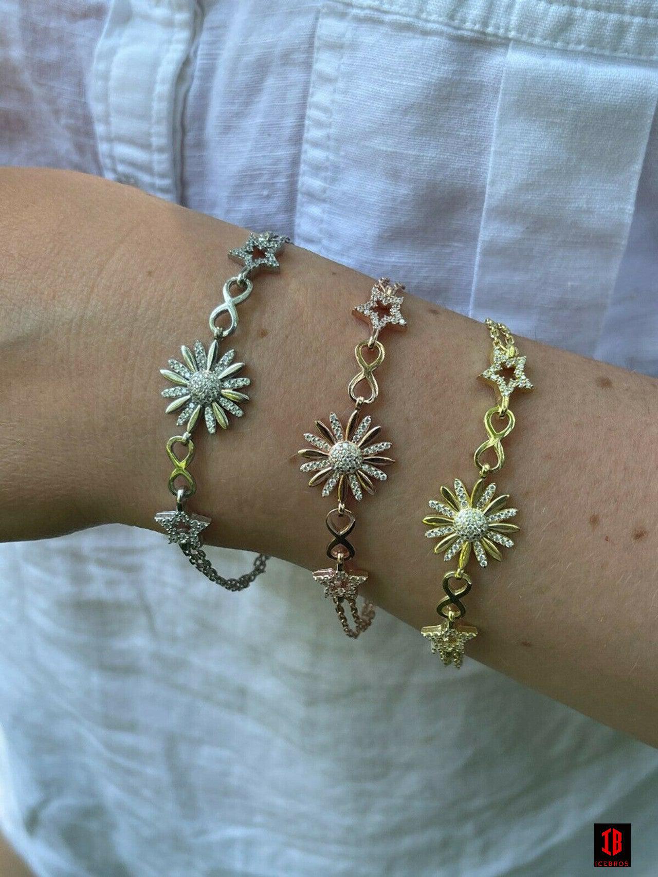 Real 925 Silver / Yellow Rose Gold Flower W. Star Infinity Sunflower Bracelet