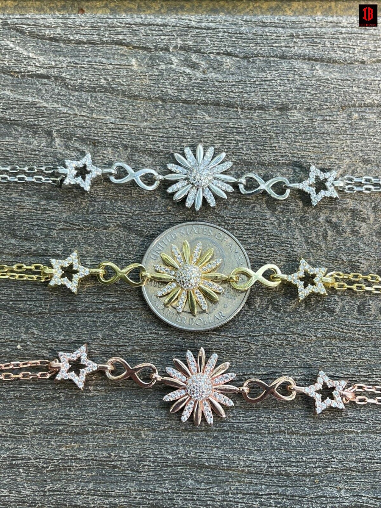 Real 925 Silver / Yellow Rose Gold Flower W. Star Infinity Sunflower Bracelet