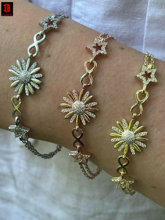 Real 925 Silver / Yellow Rose Gold Flower W. Star Infinity Sunflower Bracelet