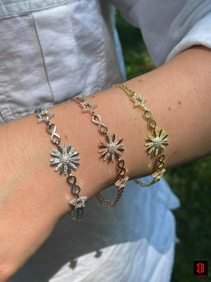 Real 925 Silver / Yellow Rose Gold Flower W. Star Infinity Sunflower Bracelet