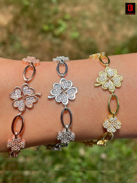 Real 925 Silver Yellow Rose Gold Plated Four Leaf Clover Iced Crystal Bracelet