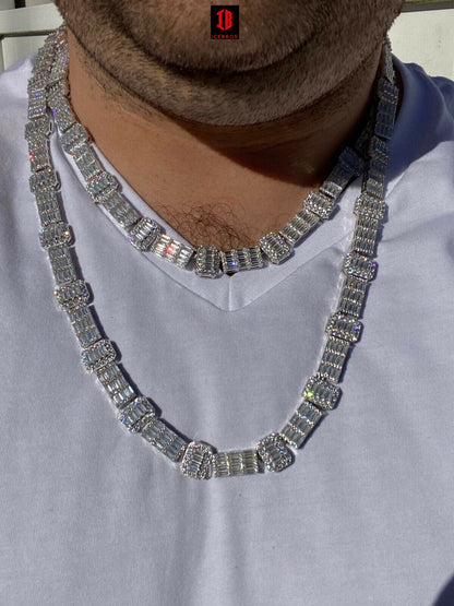 Real 925 Sterling Silver Baguette Link Chain Iced 13mm Men's Necklace Bust Down Chain
