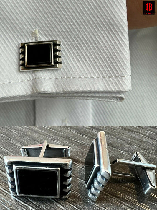 Real 925 Sterling Silver Black Onyx Rectangle Cuff Links Cufflinks Tuxedo Shirt