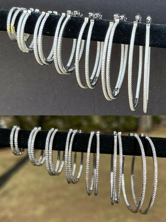 Real 925 Sterling Silver Endless Hoop Earrings Inside Out Diamond Huggie 18-50mm