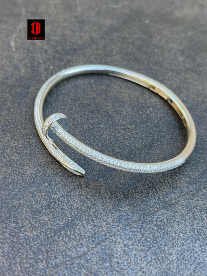 Real 925 Sterling Silver Iced Diamond Nail Bangle Bracelet 6-7.5" Mens Ladies