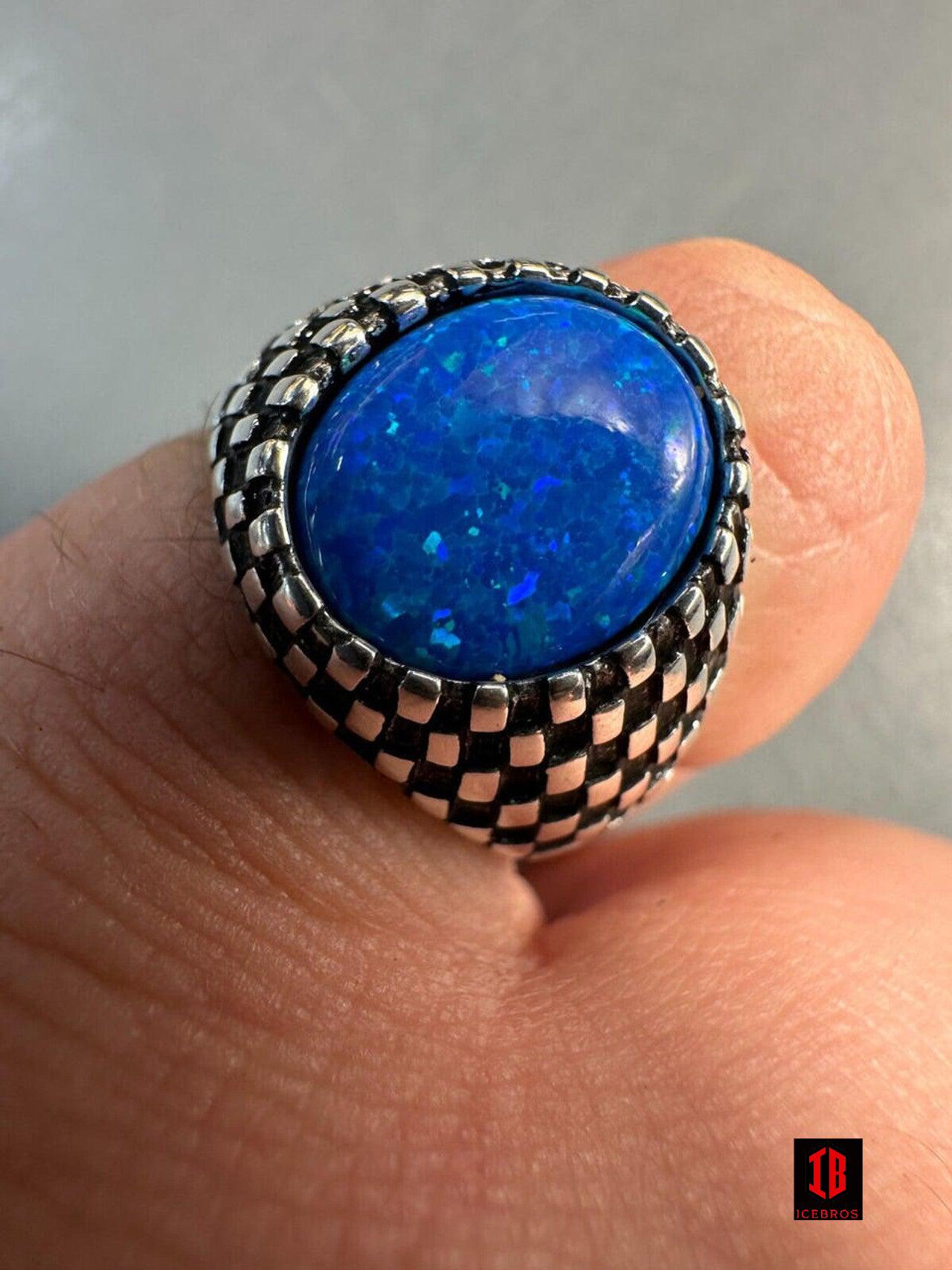 Size buy 9, 925 STERLING SILVER Lab Created Oval Blue Fire Opal Men's Ring