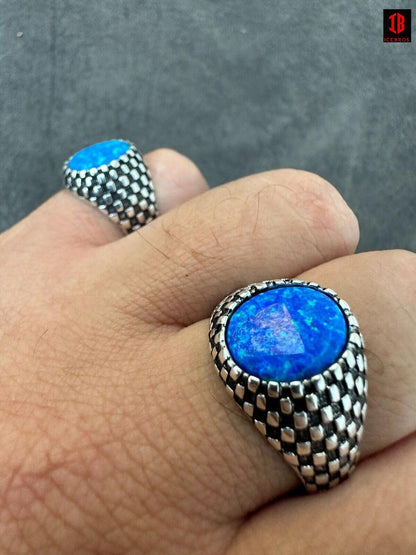 Real 925 Sterling Silver Lab Created Fire Blue Opal Gem Stone Ring Mens Ladies