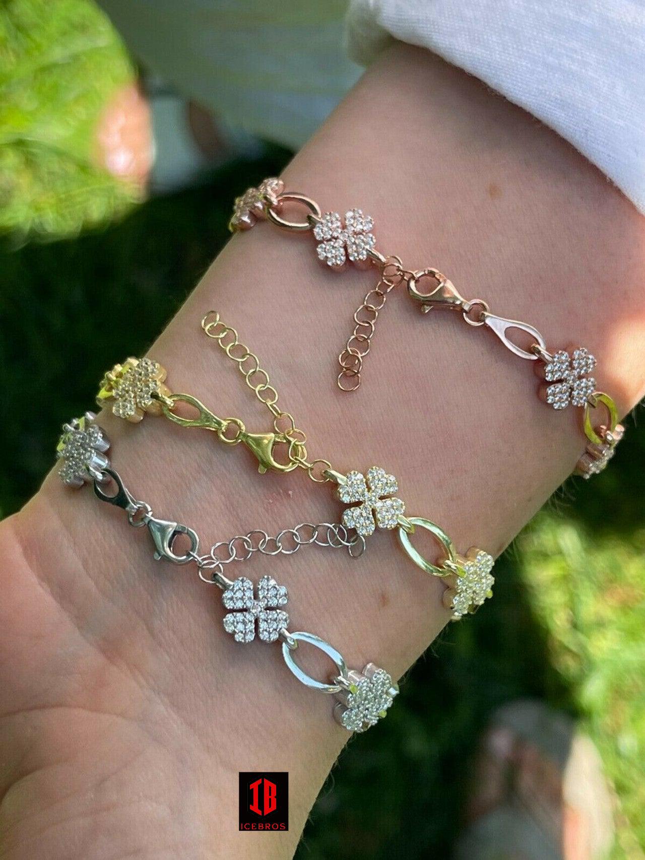 Real 925 Sterling Silver / Yellow Rose Gold Iced Diamond Clover Charm Bracelet