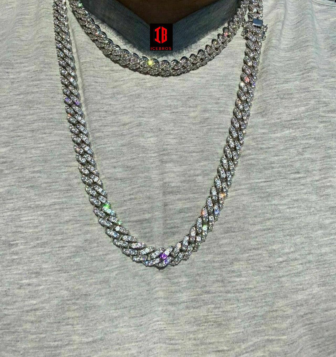 12mm Moissanite Miami Cuban Link Chain 925 Sterling Silver Necklace