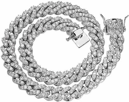 12mm Moissanite Miami Cuban Link Chain 925 Sterling Silver Necklace