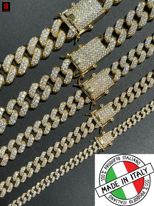 YELLOW GOLD Real Miami Cuban Link Chain Iced Diamond Out Solid 925 Sterling Silver Necklace