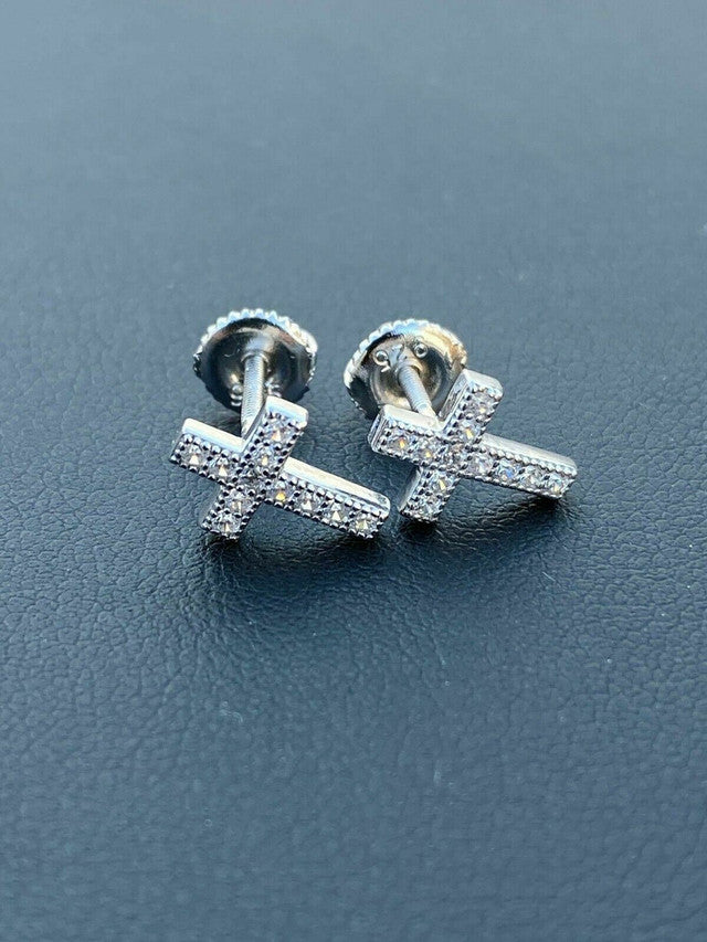 Real MOISSANITE 925 Silver Small Cross Earrings Studs Iced Pass Diamond Tester