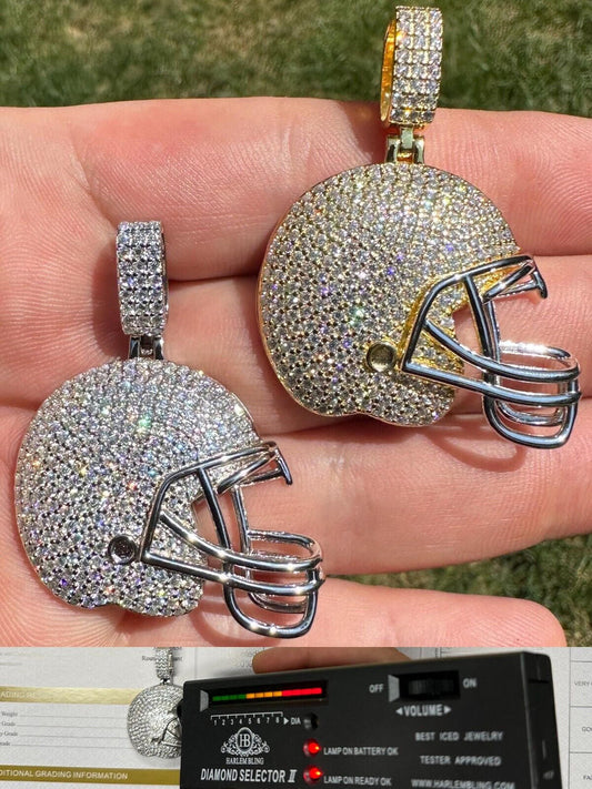 Real Moissanite Iced Football Helmet Pendant Solid 925 Silver / 14k Gold Plated