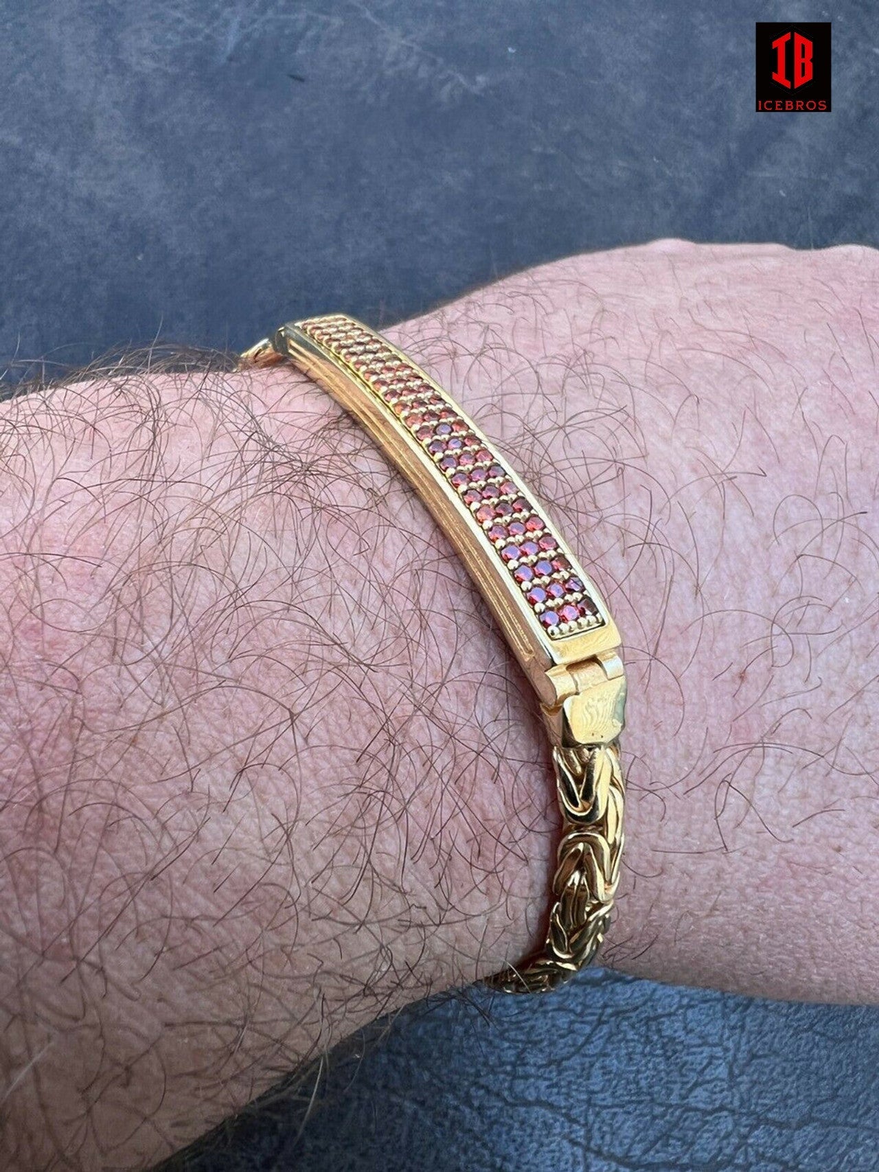 Men Real Presidential ID Bracelet 14k Gold Vermeil Silver Iced Red Ruby Hip Hop