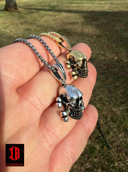 Fine 925 Silver Goth Skull & Cross Bones Death Pendant Necklace Gold Biker
