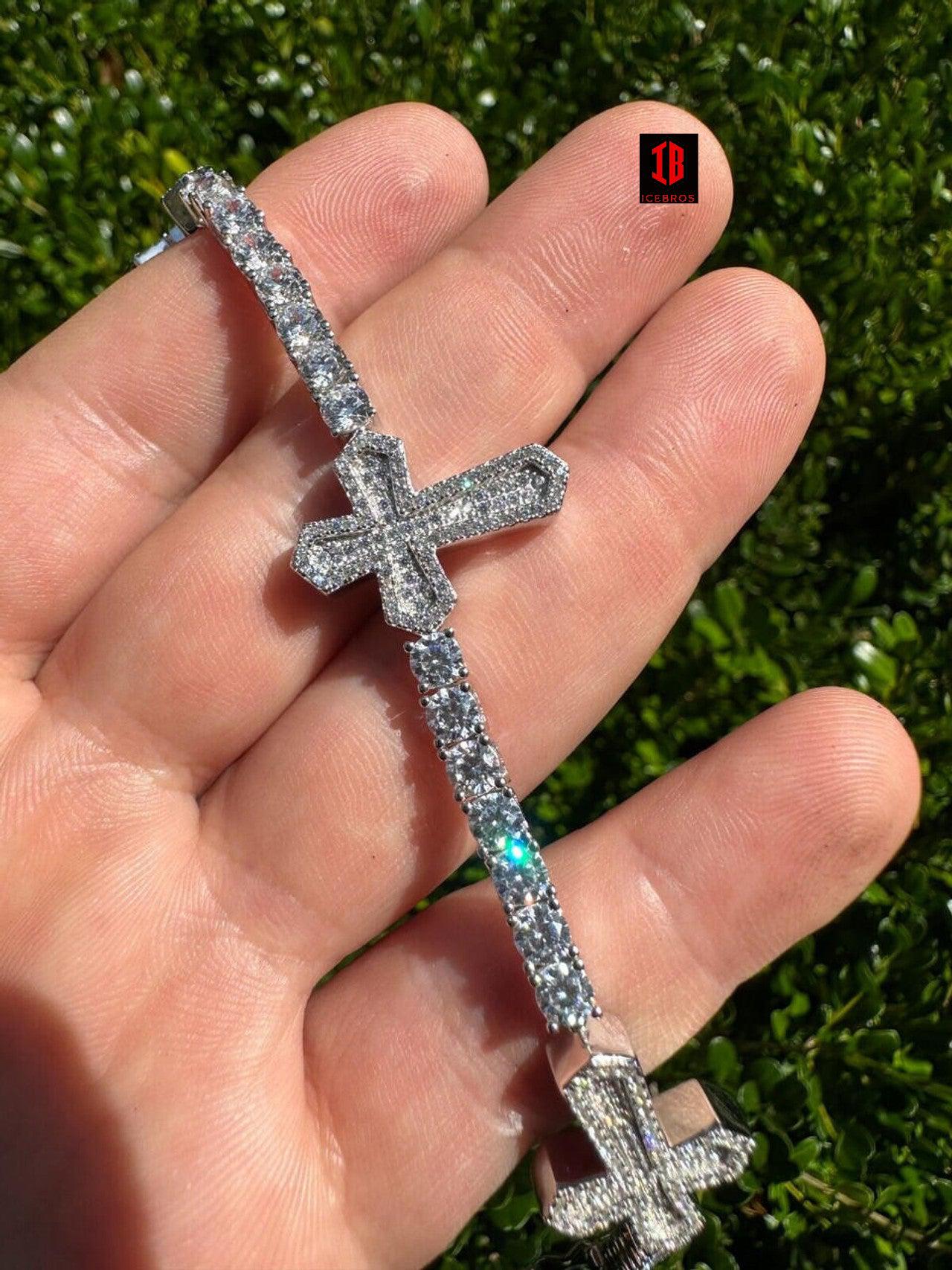 Real Solid 925 Silver Iced CZ Cross Shape Tennis Bracelet Mens Ladies Hip Hop