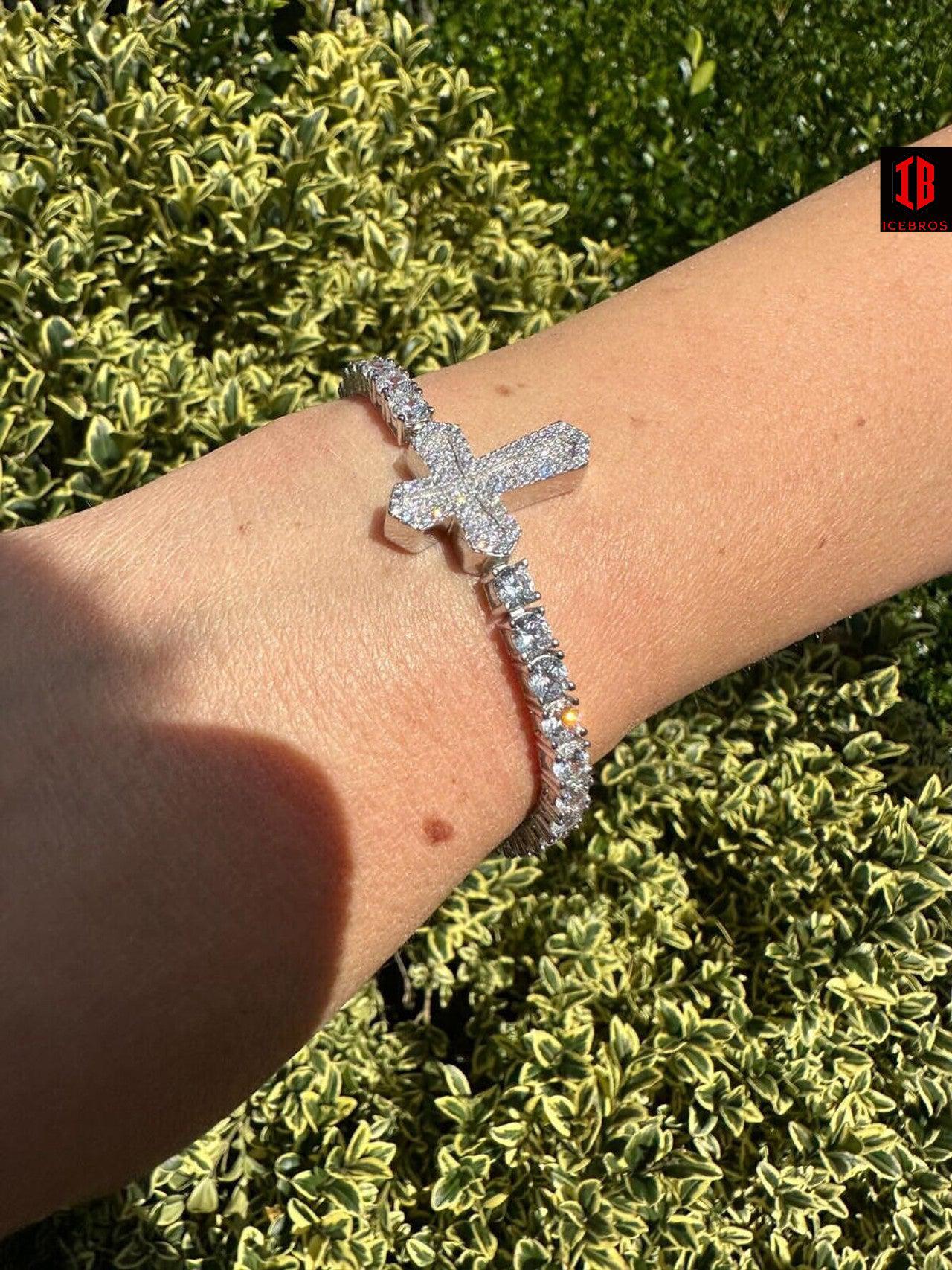 Real Solid 925 Silver Iced CZ Cross Shape Tennis Bracelet Mens Ladies Hip Hop