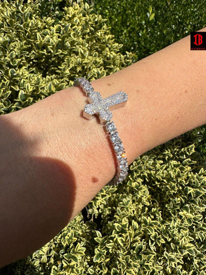 Real Solid 925 Silver Iced CZ Cross Shape Tennis Bracelet Mens Ladies Hip Hop