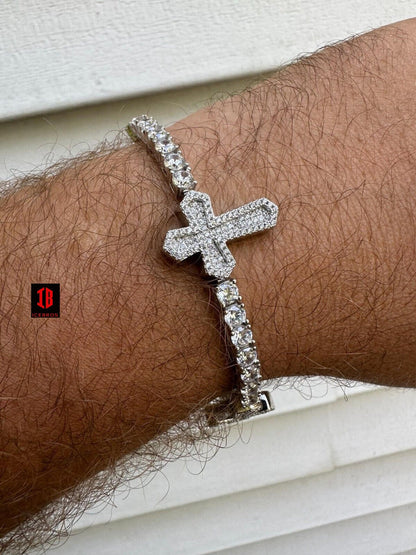 Real Solid 925 Silver Iced CZ Cross Shape Tennis Bracelet Mens Ladies Hip Hop