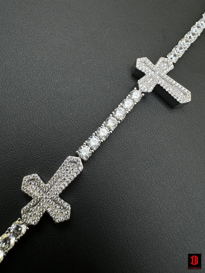 Real Solid 925 Silver Iced CZ Cross Shape Tennis Bracelet Mens Ladies Hip Hop