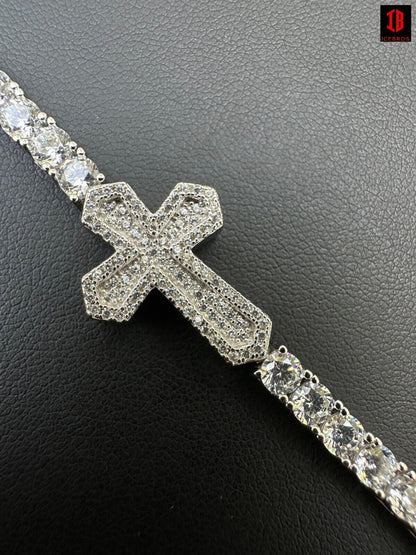 Real Solid 925 Silver Iced CZ Cross Shape Tennis Bracelet Mens Ladies Hip Hop