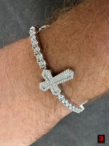 Real Solid 925 Silver Iced CZ Cross Shape Tennis Bracelet Mens Ladies Hip Hop