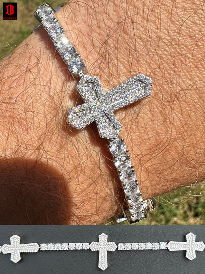 Real Solid 925 Silver Iced CZ Cross Shape Tennis Bracelet Mens Ladies Hip Hop