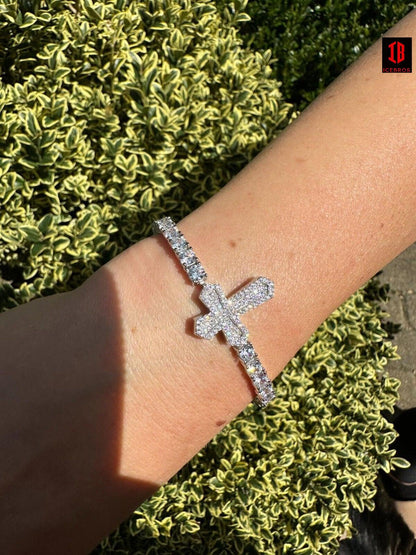 Real Solid 925 Silver Iced CZ Cross Shape Tennis Bracelet Mens Ladies Hip Hop