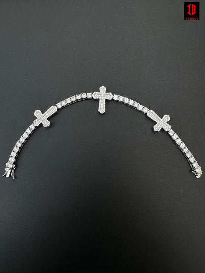 Real Solid 925 Silver Iced CZ Cross Shape Tennis Bracelet Mens Ladies Hip Hop