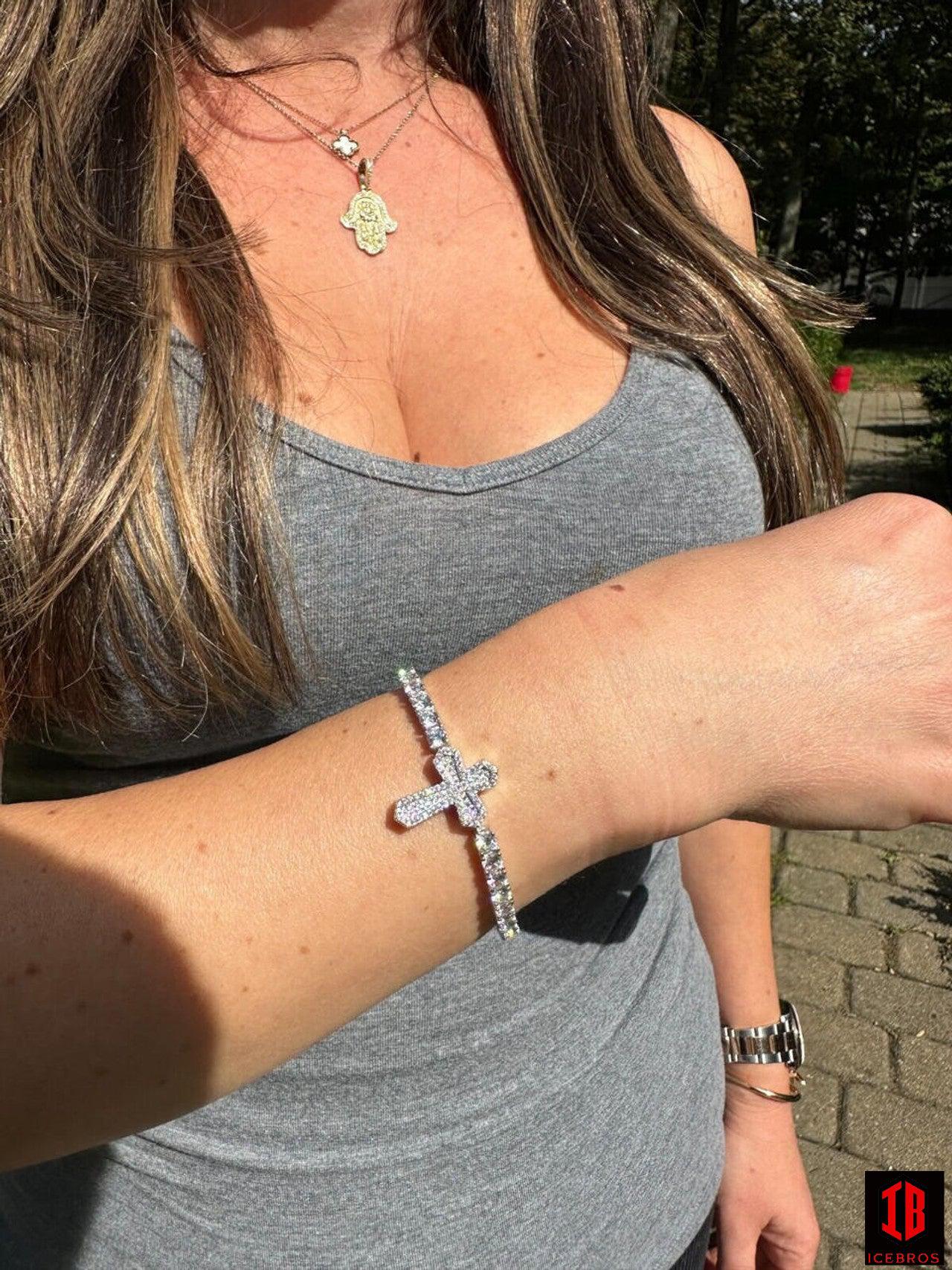 Real Solid 925 Silver Iced CZ Cross Shape Tennis Bracelet Mens Ladies Hip Hop