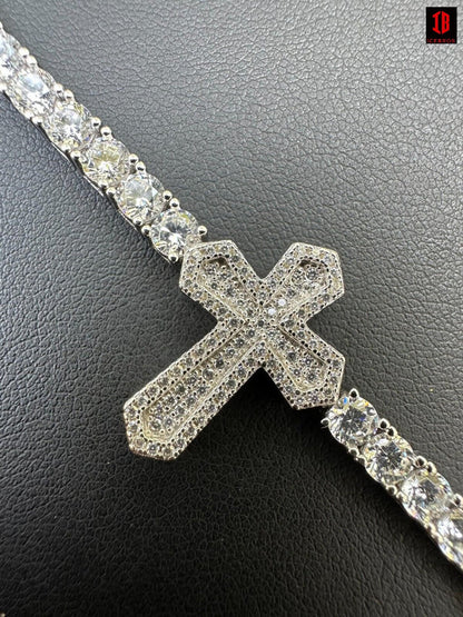 Real Solid 925 Silver Iced CZ Cross Shape Tennis Bracelet Mens Ladies Hip Hop