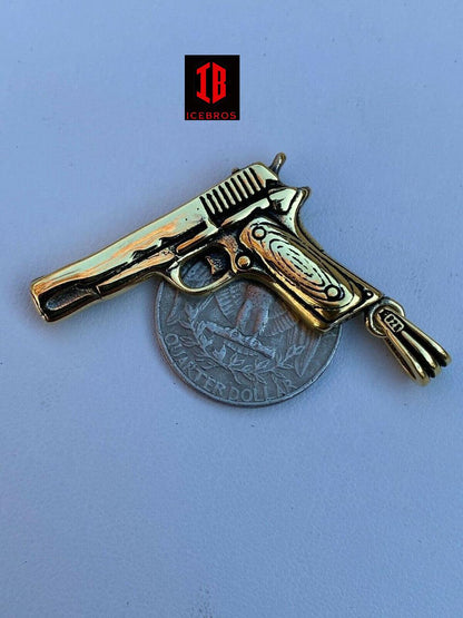 Solid 925 Silver Men's 9mm Glock Boy Gun Pistol Pendant Heavy Gold Necklace