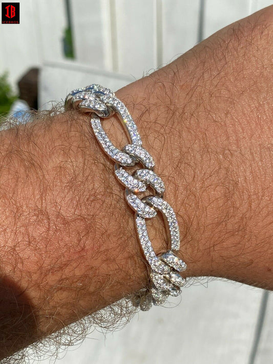 Real Solid 925 Silver Mens Custom Figaro Bracelet 14mm Iced Diamond Heavy HipHop