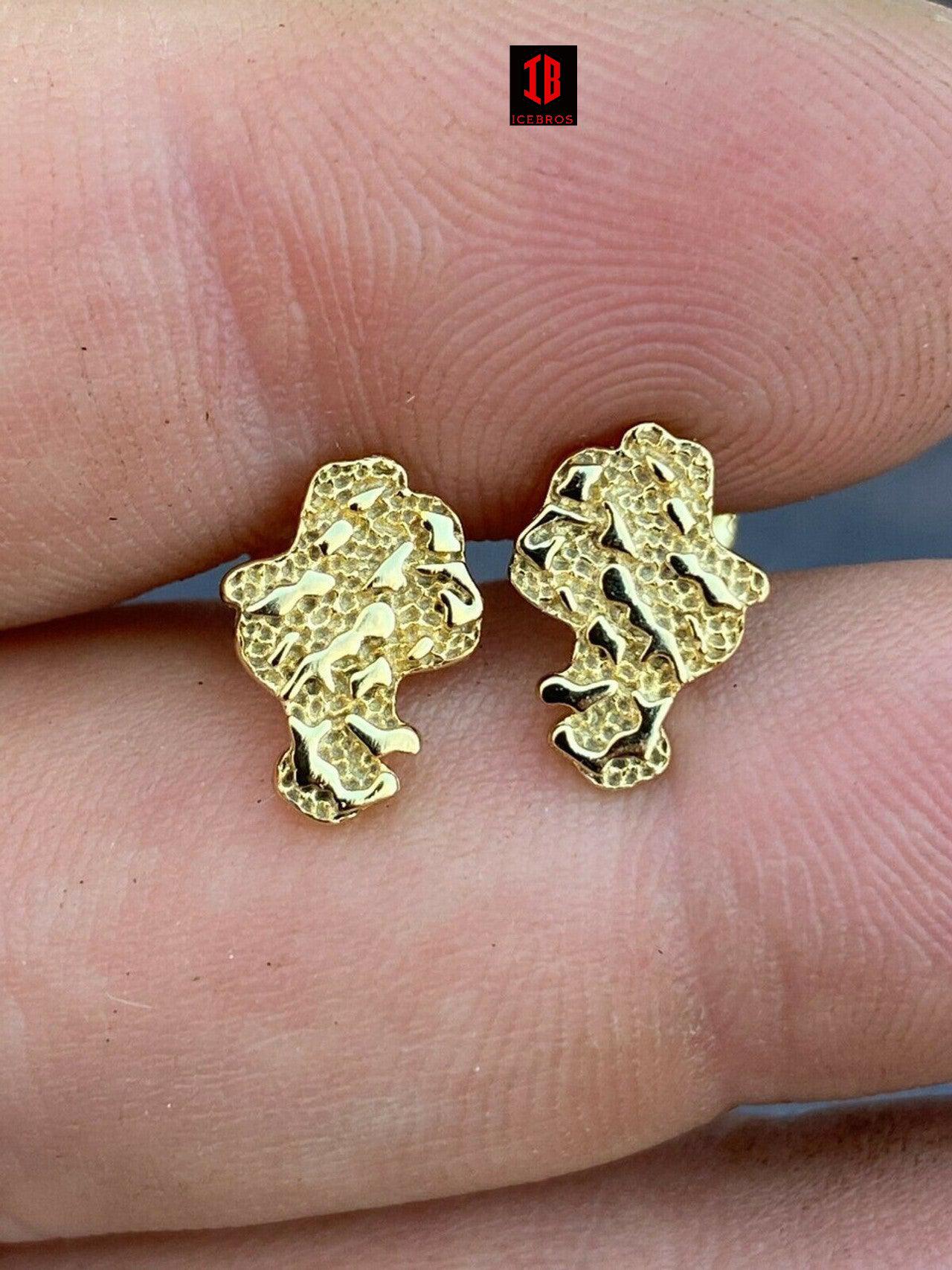 Real Solid 925 Sterling Silver 14k Finish Men Ladies Gold Nugget Earrings Studs