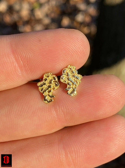 Real Solid 925 Sterling Silver 14k Finish Men Ladies Gold Nugget Earrings Studs
