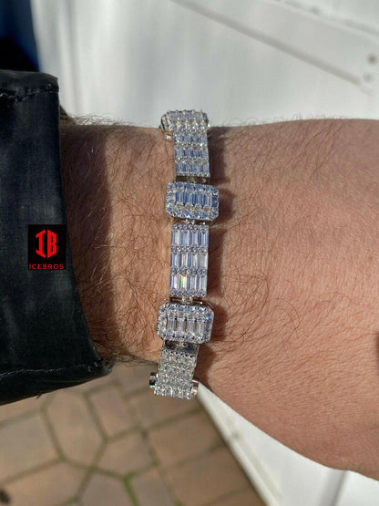 Men’s Real Solid 925 Sterling Silver Baguette Bracelet Iced Diamond Flooded Out