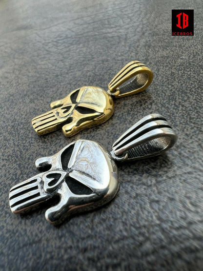 Solid 925 Sterling Silver 14k Gold Punisher Skull Pendant Necklace Biker