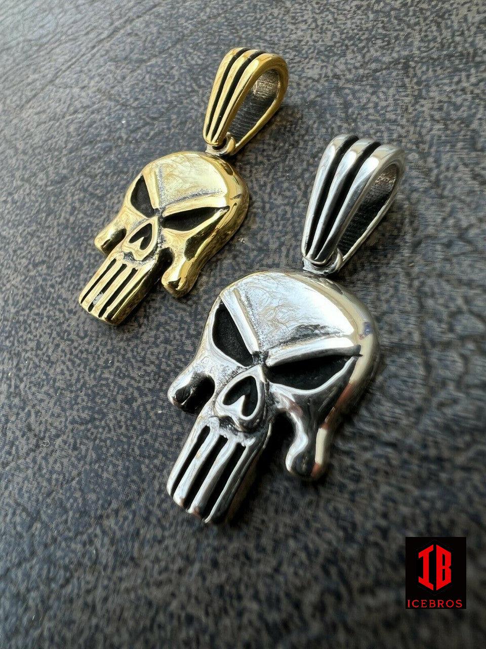 Solid 925 Sterling Silver 14k Gold Punisher Skull Pendant Necklace Biker