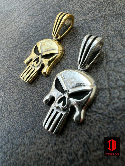 Solid 925 Sterling Silver 14k Gold Punisher Skull Pendant Necklace Biker