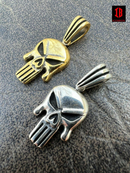 Solid 925 Sterling Silver 14k Gold Punisher Skull Pendant Necklace Biker