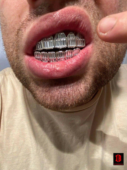 White Rhodium 925 Sterling Silver Grillz Baguette Iced Grills Top Or Bottom Teeth