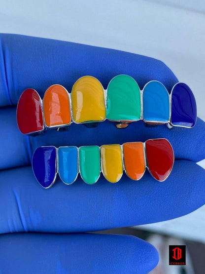 White 925 Sterling Silver GRILLZ Teeth Top Bottom Rainbow Color