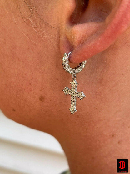 Real Solid 925 Sterling Silver Men Ladies Nugget Cross Huggie Hoop Drop Earrings