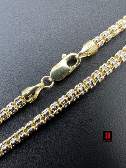 14k Genuine Solid Yellow & White Gold Sparkle Ice Link Chain Necklace Diamond cut Two Tone