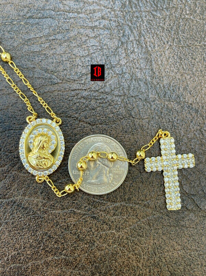 Rosary Beads Necklace Gold & Real 925 Sterling Silver Rosario cross mary