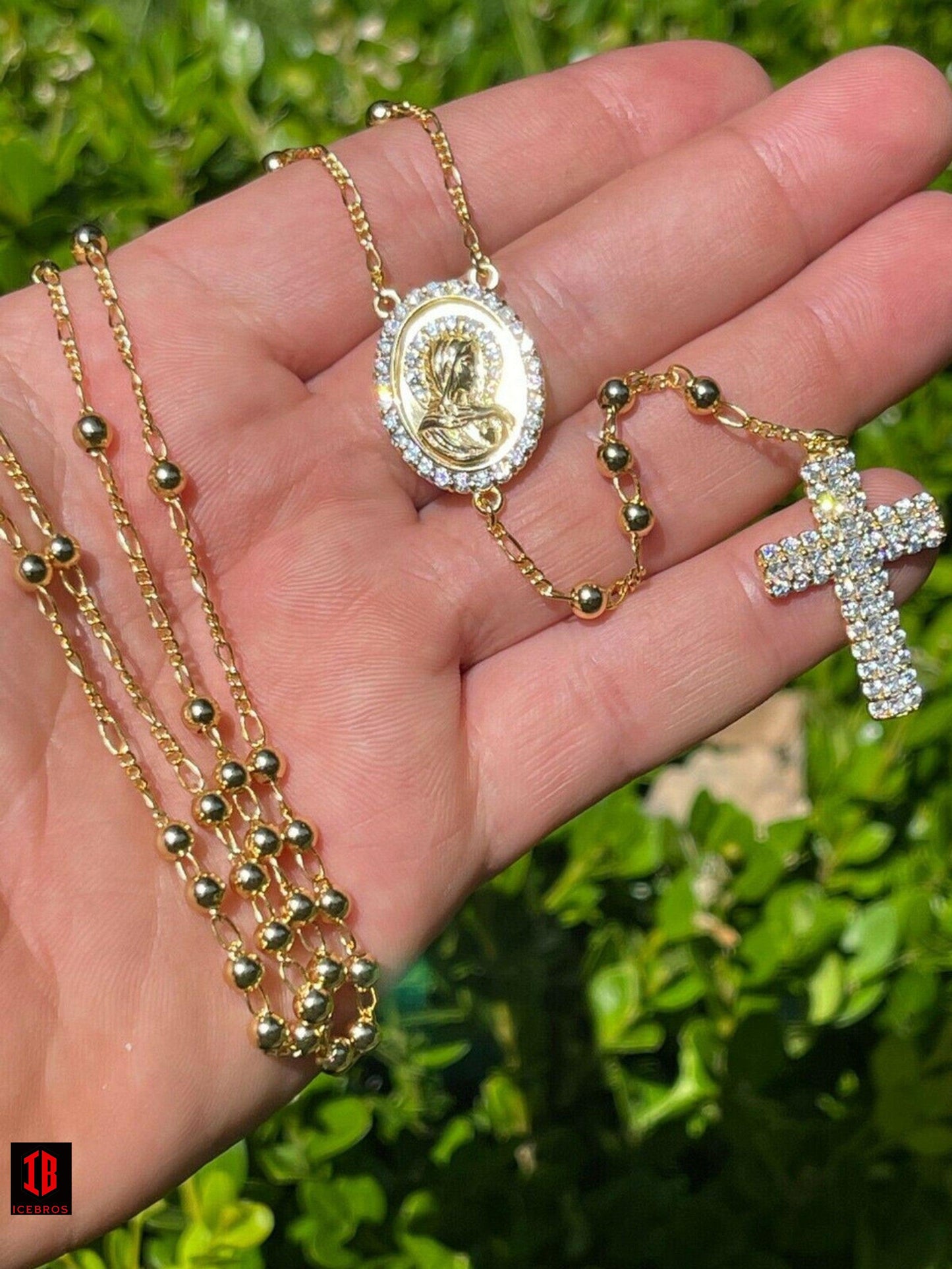 Rosary Beads Necklace Gold & Real 925 Sterling Silver Rosario cross mary