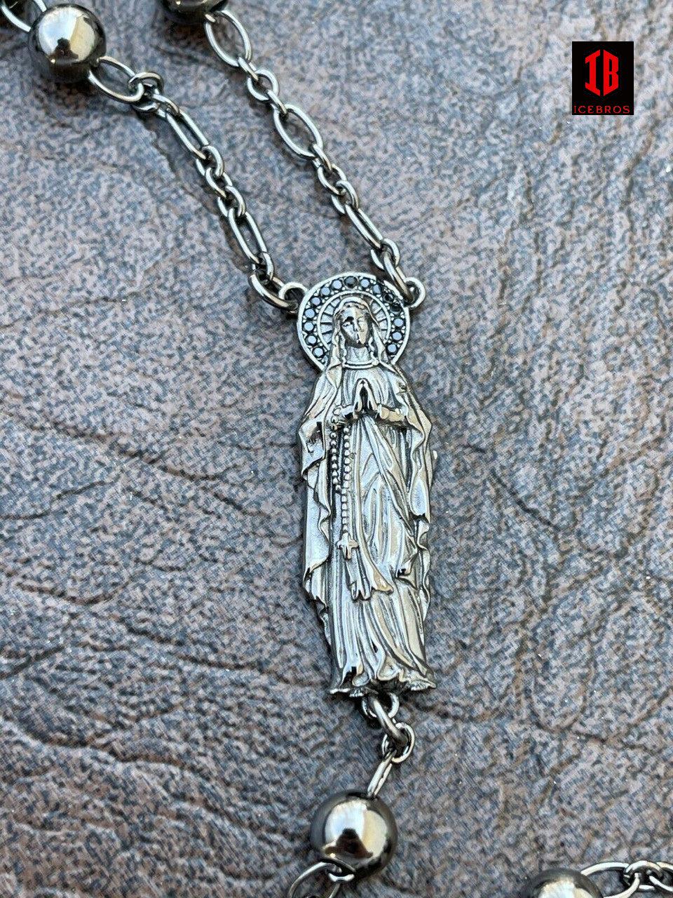 Rosary Beads Black Silver Rosario Jesus Virgin Mary Black Diamond