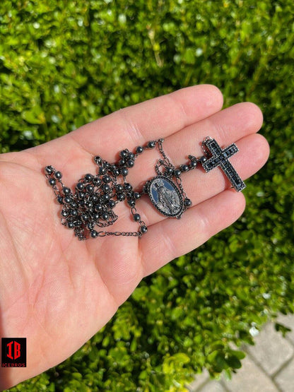 Rosary Beads Black baguette Solid 925 Silver Oxidized Rosario Black Diamond Iced