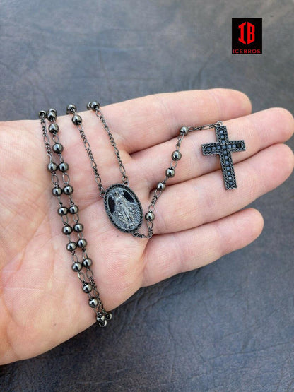 Rosary Beads Black baguette Solid 925 Silver Oxidized Rosario Black Diamond Iced
