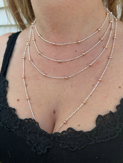 Rose Gold & Real 925 Silver Diamond Cut Ice Sparkle Rope Beaded Chain Necklace